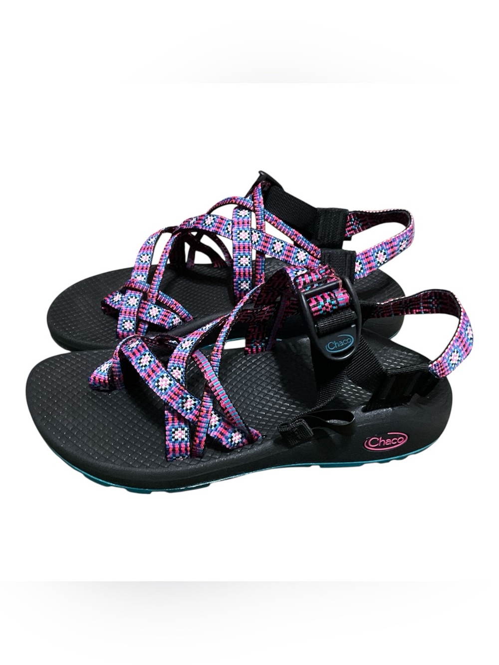 Chaco Black Sandals with Pink and Teal Patterned Straps